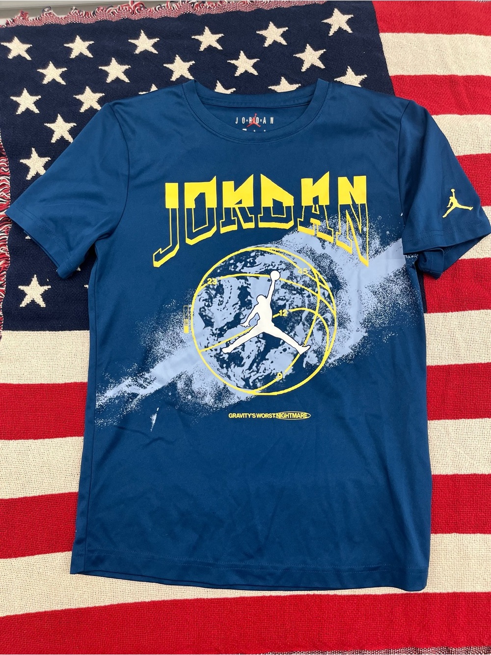 Jordan Blue Short Sleeve Tee with Yellow & White Graphic Boys Size Large 14/16